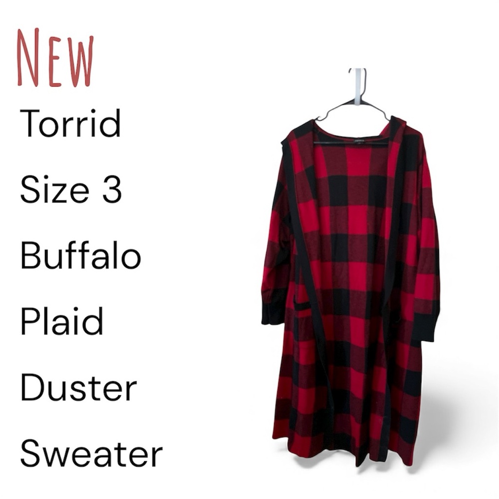 Torrid Buffalo Plaid Duster Sweater in Red and Black